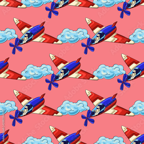 Cute airplane seamless pattern with clouds for kids fabric and nursery wallpaper design. Template for Pattern, textile, Gift wrapping paper, and etc.