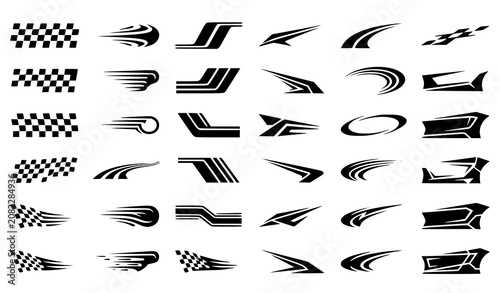 Premium racing stripe vector pack with checkered flag graphics speed lines motorsport decals and automotive performance design elements isolated on white