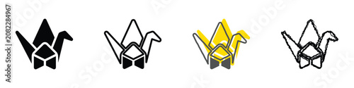 A set of four distinct graphic representations of the traditional Japanese paper crane, showcasing different artistic interpretations and color schemes