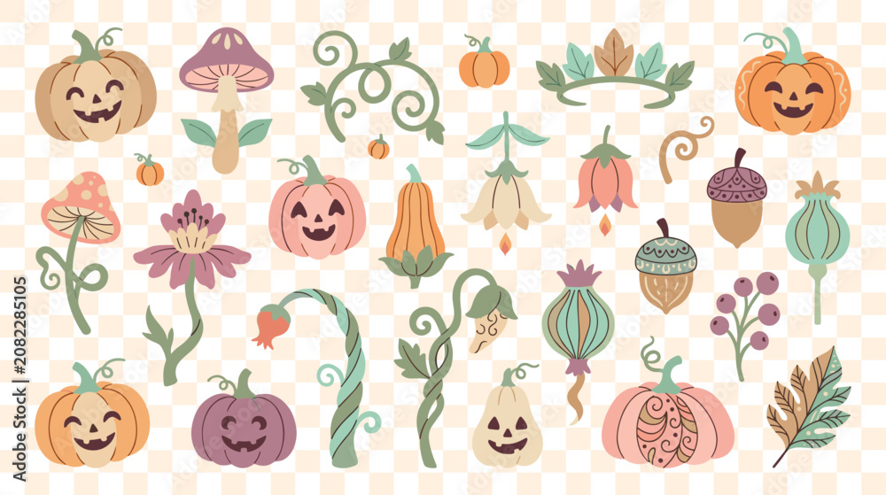 Fototapeta premium Whimsical autumn pumpkin collection with smiling jack-o'-lantern faces and botanical elements