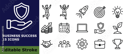 Business success and corporate growth icon set, 15 vector outline pictograms of startup, teamwork, management, and financial symbols for professional business design
