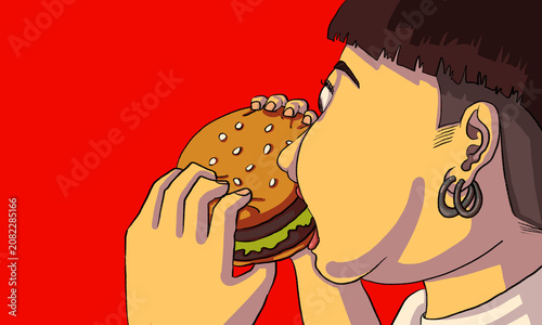 Close up illustration of a chubby person eating a big hamburger on red background. Template for Illustration, Banner, background, and etc.