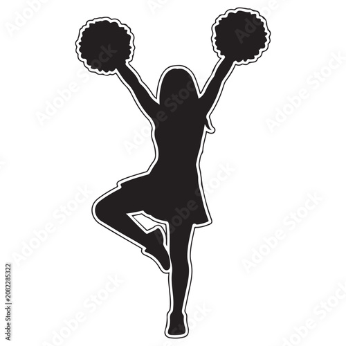 Cheerleader silhouette holding pom-poms in a dynamic dance pose vector icon for sports team support and school spirit