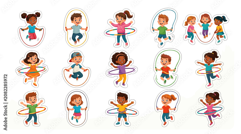 Fototapeta premium Collection of children performing various dance and exercise poses in colorful outfits