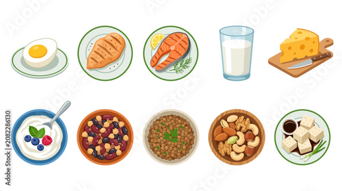 Collection of healthy protein rich foods including chicken fish egg dairy nuts and legumes