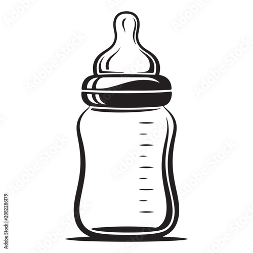 Baby bottle vector icon with nipple and measurement scale for infant feeding and childcare