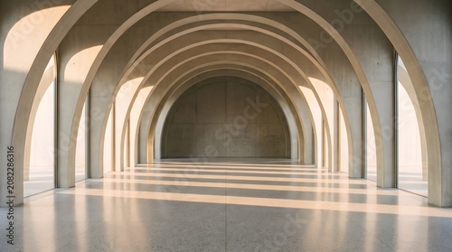 Symmetrical modern concrete arch corridor interior with warm sunlight and geometric shadows