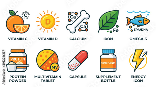Collection of health and wellness icons representing vitamins and supplements