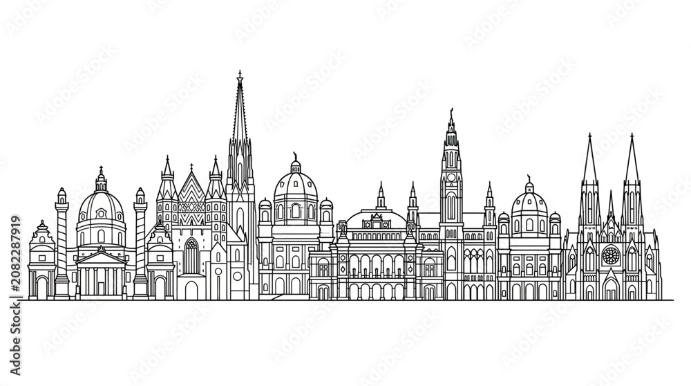Fototapeta premium Vienna Skyline Silhouette - Famous Austrian Landmarks in Outline Style