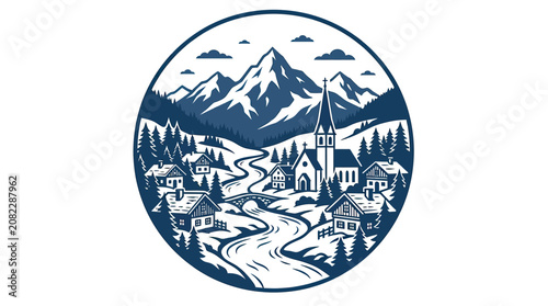 Foto Alpine Village Scene with Mountains and River in Circle Emblem