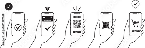 Mobile Payment Icons Set Showing Checkmark, Qr Code, Card Payment, and Shopping Cart Actions with Hands