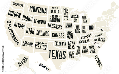 Map of the United States with Black State Label Design and Vintage Beige Background, Vector Infographic Style