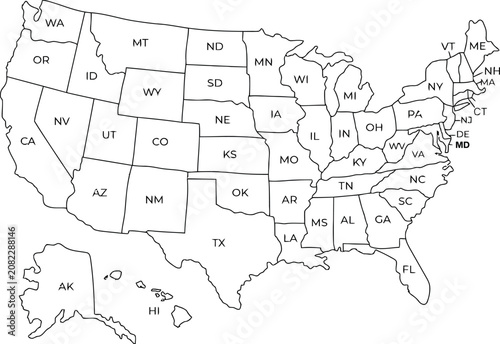 Map of the United States with State Boundary Lines and Two-Letter Abbreviations in a Clean Outline Style