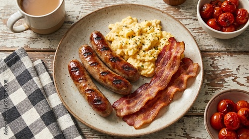 Classic English breakfast with sausages bacon eggs and tomatoes on rustic wooden table