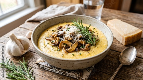Delicious creamy mushroom soup with fresh herbs garnish on wooden table