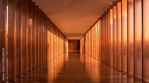 Symmetrical modern corridor interior with warm golden hour sunlight and reflective floor