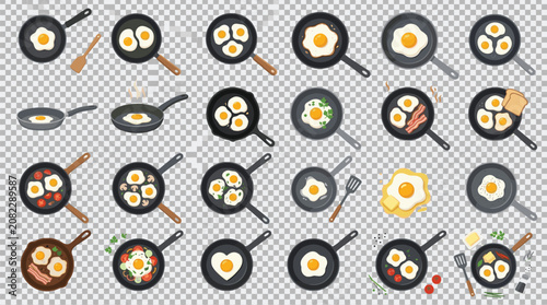 Cuadro en lienzo Various fried eggs in pans with different handles and backgrounds during cooking