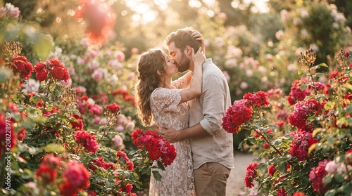 Photorealistic Couple Kissing Surrounded by Blooming Red Roses, Dreamy Bokeh Background, Romantic Editorial Photography