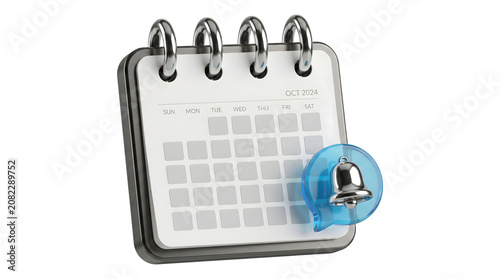 Obraz na płótnie Spiral bound desk calendar with blank monthly grid and blue notification bell icon rendered as a 3D
