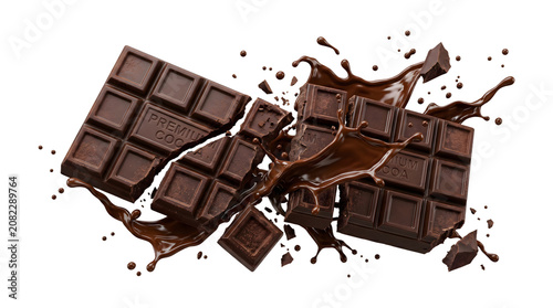 Schilderij op canvas Broken dark chocolate bar pieces with rich liquid chocolate splash flying around