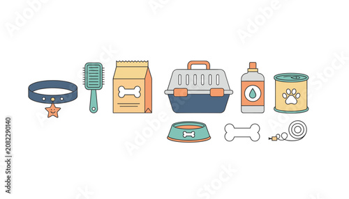 Set of pet care essentials including a collar, brush, food bag, travel crate, shampoo, canned food, bowl, bone, and leash rope.