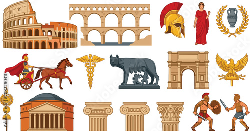 Foto Ancient Rome historical elements set including Colosseum aqueduct gladiator char