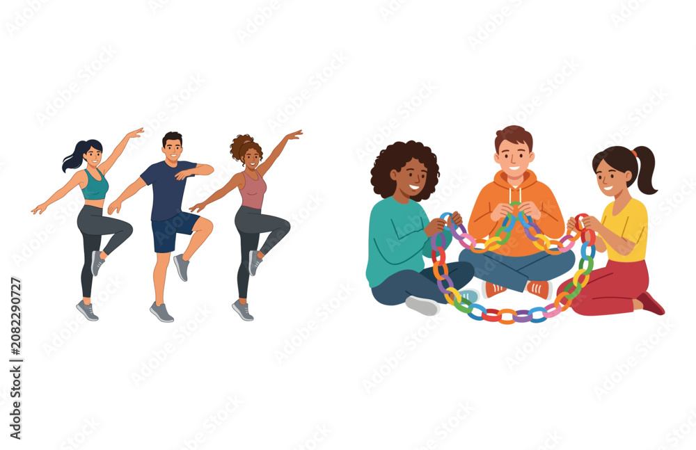 Obraz premium Diverse Groups of People Engaging in Fitness Exercises and Collaborative Creative Activities
