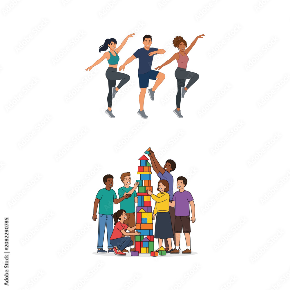 Fototapeta premium Diverse Group of People Engaging in Fitness Activities and Collaborative Building Projects
