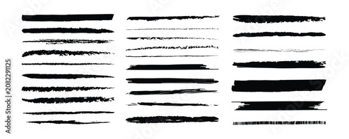 Obraz na plátně Black Grunge Brush Stroke Collection Dry Ink Paint Brush Lines Hand Drawn Artist