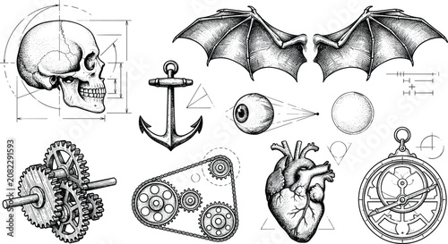 Bild auf Leinwand Vintage engraving vector set featuring human skull bat wings mechanical gears an