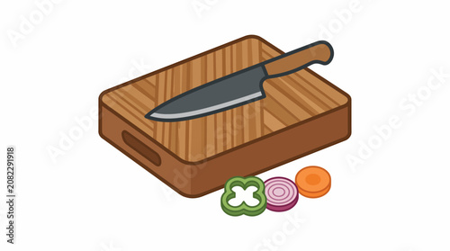Fotografie Cutting Board with Knife and Sliced Vegetables on Kitchen Counter 20260701