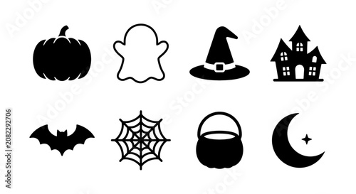 Bild auf Leinwand Halloween icon set pumpkin ghost witch hat and haunted house