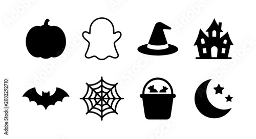 Tableau sur toile Halloween trick or treat icon set pumpkin ghost and candy bucket