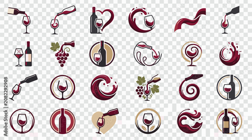 Fototapeta premium Collection of wine icons and symbols poured into glasses and bottles with grapes for branding