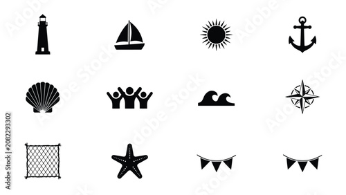 Canvas Print Minimalist nautical icons collection featuring sailboat lighthouse anchor and se