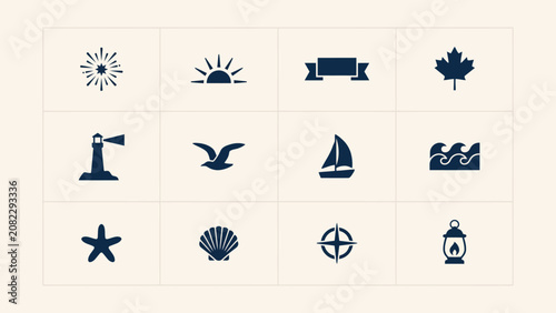 Minimalist nautical and travel themed icons showcase diverse symbols for branding