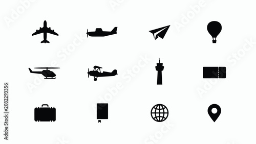 Modern black and white travel and transport iconset showcasing diverse flight and ground vehicles with globe