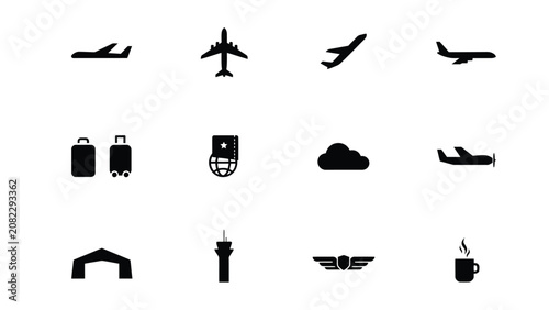 Minimalist travel themed iconset showcasing airplanes luggage airport and hospitality symbols for branding