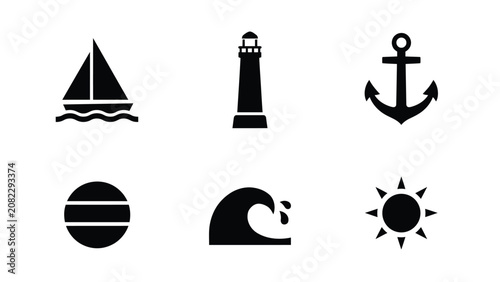 Minimalist black and white icons depicting coastal adventure and maritime exploration elements for branding