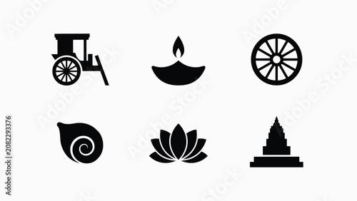 Minimalist black and white icons depicting cultural symbols including cart flame wheel conch shell lotus