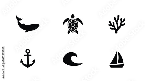 Modern flat vector iconset showcasing marine life and nautical adventure for travel branding