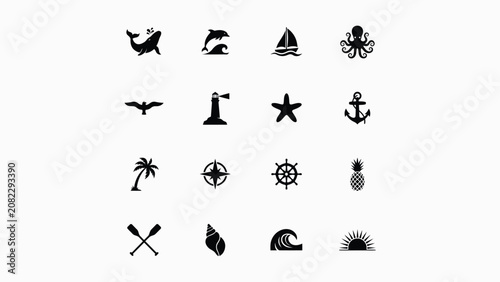 Minimalist nautical themed icon set showcasing diverse maritime symbols for travel branding