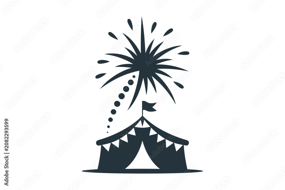 Fototapeta premium Black silhouette vector icon of a carnival festival circus tent with bunting flags and a small flag on top under a giant bursting firework sparkler explosion on a clean white background