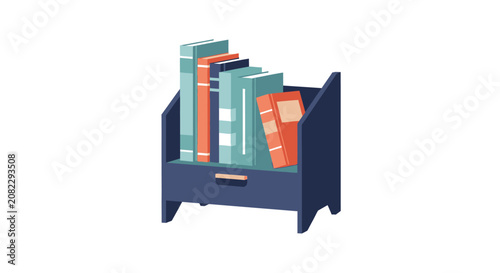 Vector Bookcase with Drawer and Colorful Books, Isolated on White Background