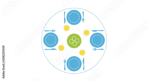 Top View Dinner Table Setting with Four Places, Blue Plates, Cutlery, and Centerpiece