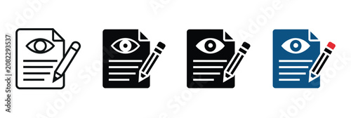Photos Document editing icons illustrating eye symbols, pencils, document review, file editing, creative workflow, and clean minimalist vector graphics for modern UI UX design