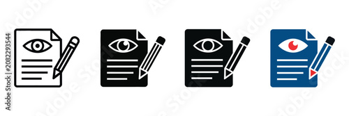 Tableau sur toile Document editing icons featuring eye symbols, pencils, file management, document review, creative design, and clean minimalist vector graphics for digital interfaces