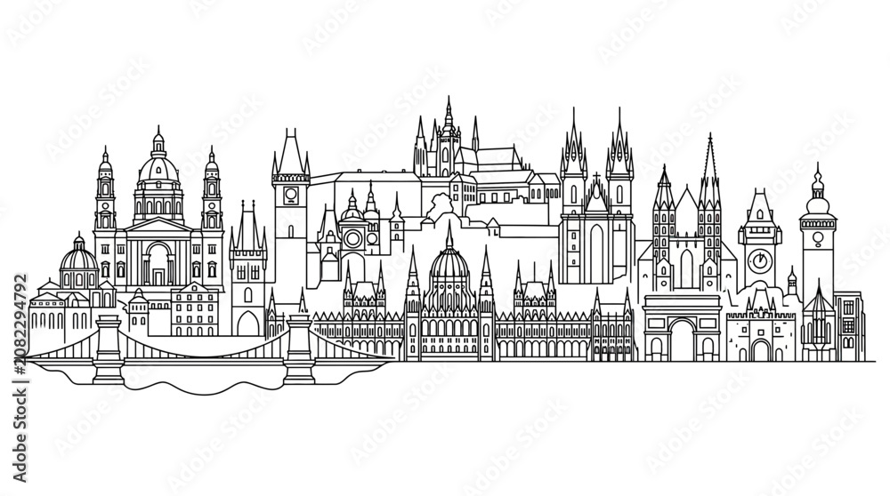 Fototapeta premium European City Skyline Outline - Famous Landmarks Silhouette