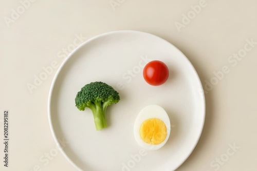 Minimal flat-lay of a white plate holding a broccoli floret, a cherry tomato and a halved hard-boiled egg