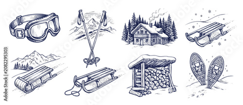 Foto Winter cabin ski illustration set featuring vintage wooden sled, ski goggles, sn